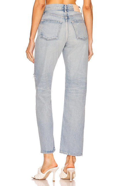 MOUSSY Tifton Wide Straight Jeans Light Blue High Rise Distressed Women's 28