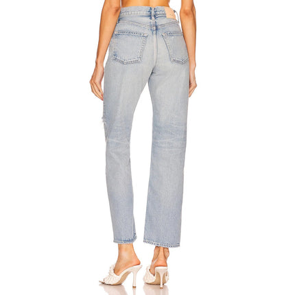 MOUSSY Tifton Wide Straight Jeans Light Blue High Rise Distressed Women's 28