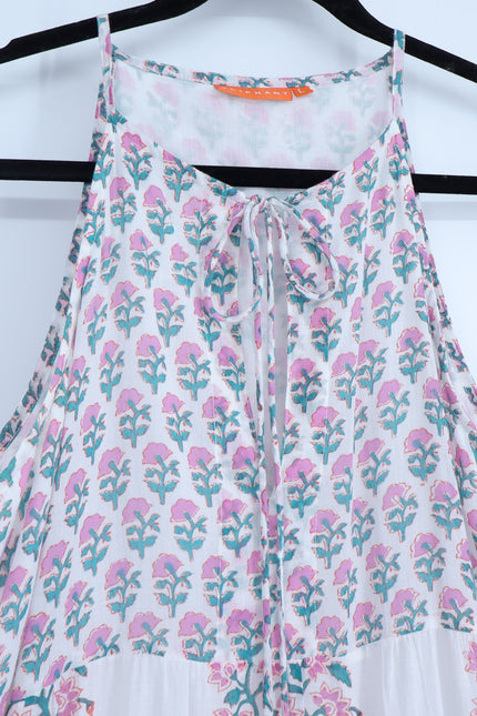 OLIPHANT Long Tiered Tassel Dress White Pastel Ditsy Floral Peasant Women's L
