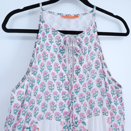 OLIPHANT Long Tiered Tassel Dress White Pastel Ditsy Floral Peasant Women's L