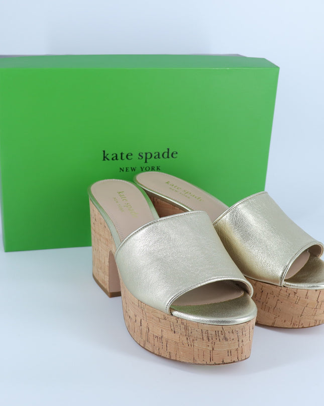 Kate Spade Ibiza Sandals Metallic Gold NIB Cork Heeled Platform Women's 9.5B