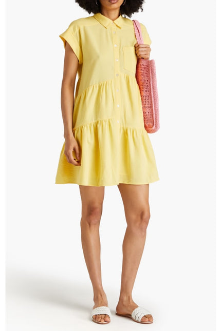 VERONICA BEARD Yellow Harrow Tiered Seersucker Mini Shirt Dress Women's M