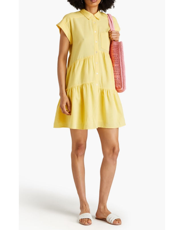 VERONICA BEARD Yellow Harrow Tiered Seersucker Mini Shirt Dress Women's M