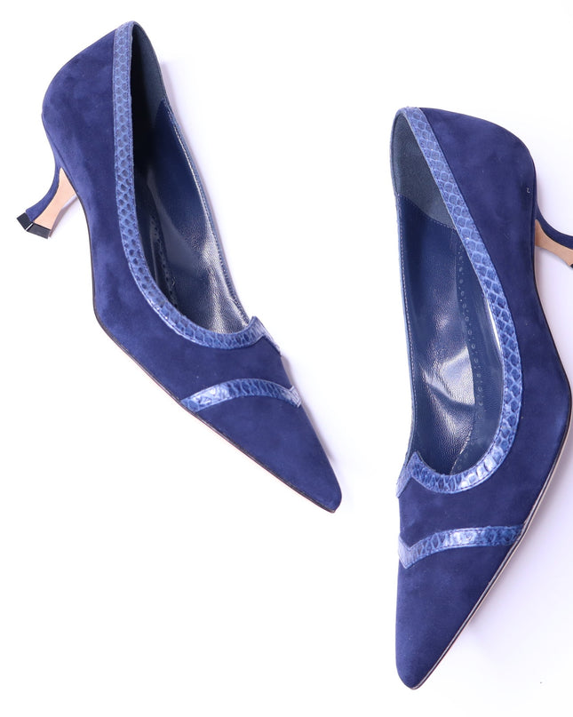 MANOLO BLAHNIK Monda Snake and Suede Pumps Navy Pointed Toe Heel Women's 38