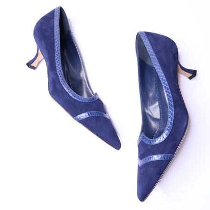 MANOLO BLAHNIK Monda Snake and Suede Pumps Navy Pointed Toe Heel Women's 38