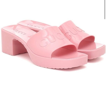 GUCCI Platform Heeled Slides Wild Rose Pink Rubber Logo Slip On Women's 36/US 6