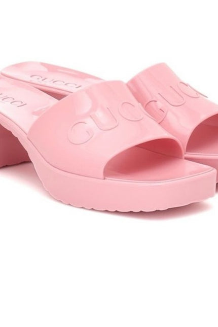 GUCCI Platform Heeled Slides Wild Rose Pink Rubber Logo Slip On Women's 36/US 6