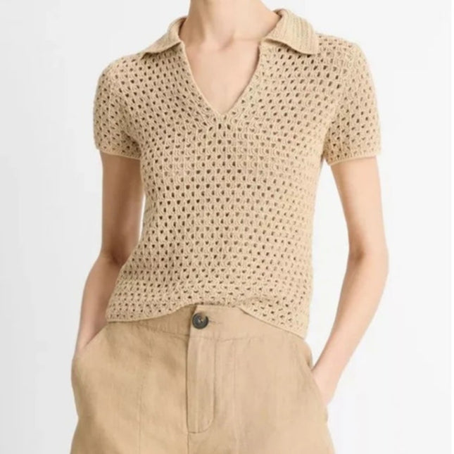 Vince Macrame Cotton Polo Sweater Pale Nut Open Knit Pullover Women's L