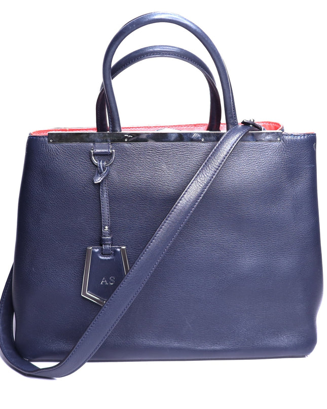 FENDI Medium Calfskin Leather 2Jours Shopping Tote Bag Navy with Red