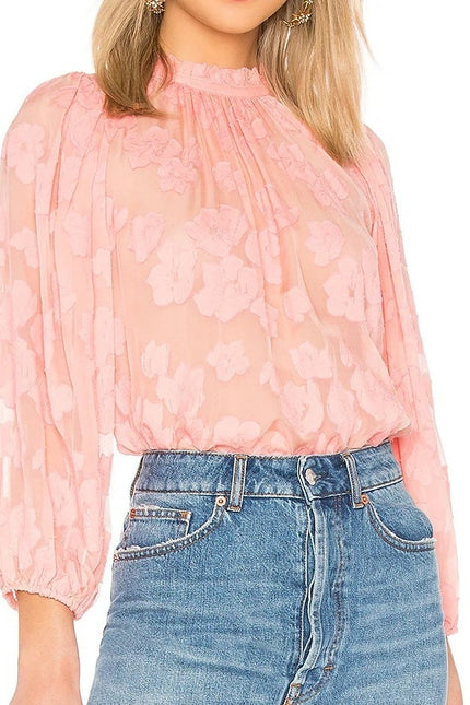 ULLA JOHNSON Sandrine Blouse Pink Floral Jacquard Long Sleeve Women's 10