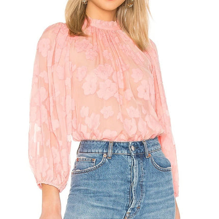 ULLA JOHNSON Sandrine Blouse Pink Floral Jacquard Long Sleeve Women's 10