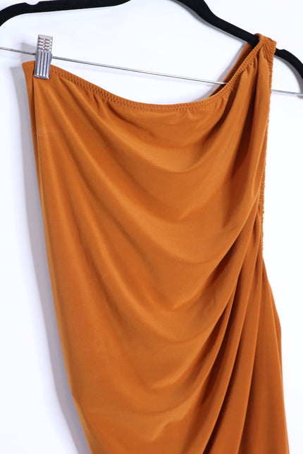 NORMA KAMALI Diana Ruched Gown Cinnamon Orange Midi Dress Women's L/40