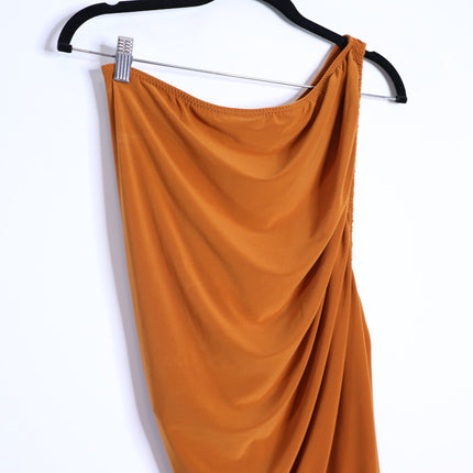 NORMA KAMALI Diana Ruched Gown Cinnamon Orange Midi Dress Women's L/40