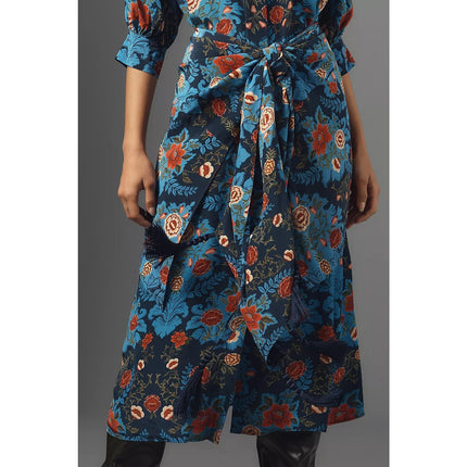 FARM Rio Arabesque Floral Midi Dress Blue Wrap Tie Puff Sleeve Women's S