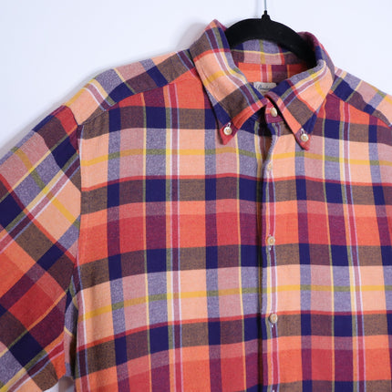 STENSTROMS Slimline Button Down Shirt Orange Multi Tartan Plaid Men's L