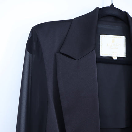 Eureka Babylon Black Satin Belted Blazer Sheer Mesh Long Sleeve Women's 42/US 6