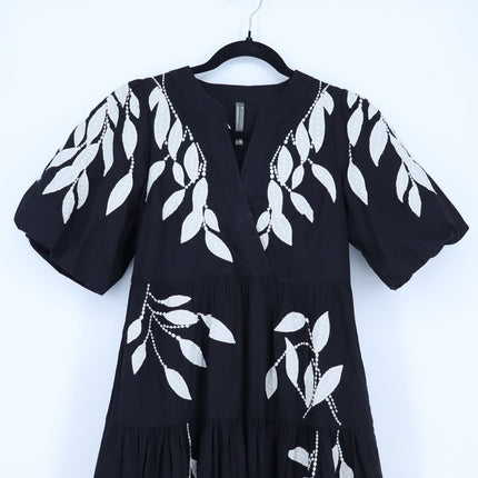 Anthropologie Embroidery Applique Midi Dress Black Puff Sleeve Women's XS