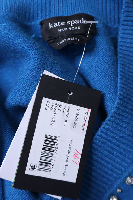 KATE SPADE NWT Bow Embellished V Neck Sweater Bright Cerulean Women's S
