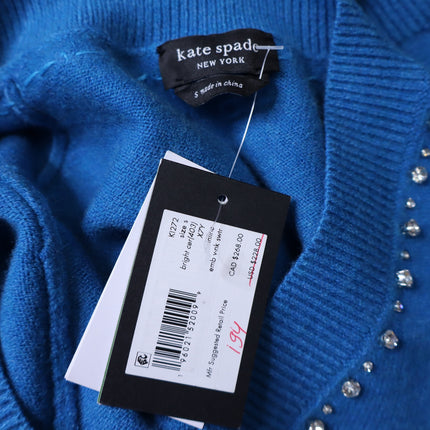 KATE SPADE Bow Embellished V Neck Sweater NWT Bright Cerulean Women's S