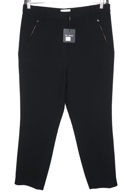 ST JOHN NWT Black High Rise Tapered Trousers Zipped Pocket Ponte Knit Women's 12