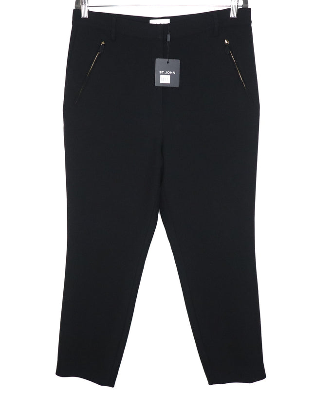 ST JOHN High Rise Tapered Trousers NWT Black Zipped Pocket Ponte Knit Women's 12