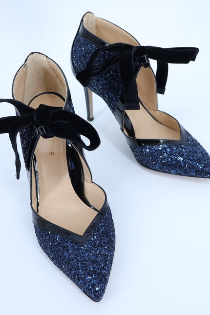 MARION PARKE Molly Glitter Heel Pumps Blue Iris NIB Pointed Toe Women's 37/US 7