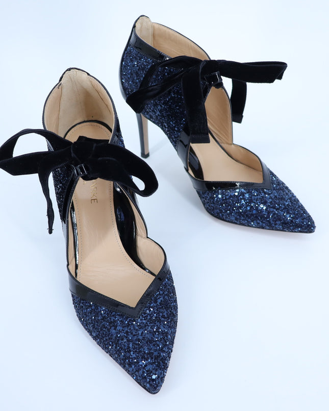 MARION PARKE Molly Glitter Heel Pumps Blue Iris NIB Pointed Toe Women's 37/US 7