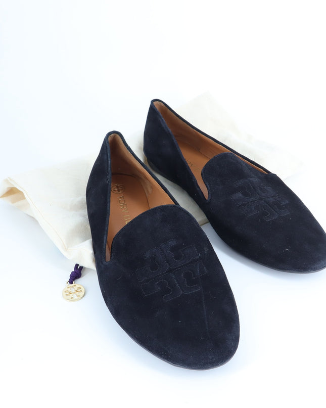 Tory Burch Ruby Smoking Loafers Black Suede Almond Toe Slip On Women's 10M