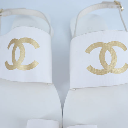Chanel Interlocking CC Logo Leather Sandal White Slingback Women's 36/US 5.5