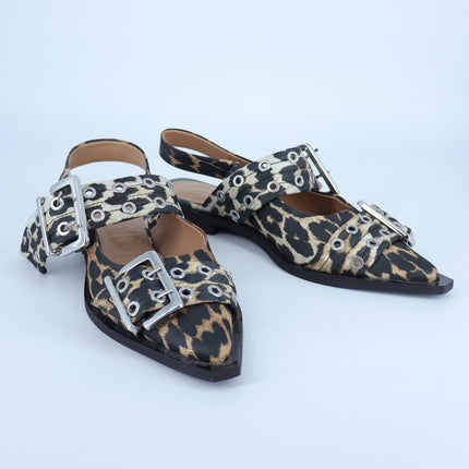 Ganni Leopard Slingback Flats Black Two Buckle Pointed Toe Women's 37/US 7