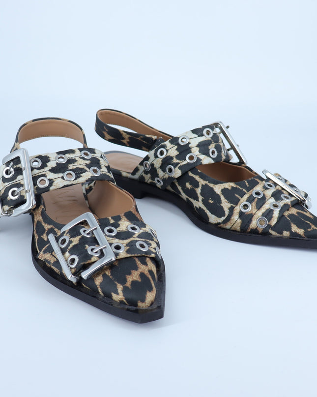 Ganni Leopard Slingback Flats Black Two Buckle Pointed Toe Women's 37/US 7