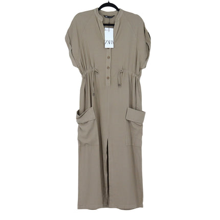 Zara Linen Blend Midi Dress Beige NWT Half Button Pullover Women's XS