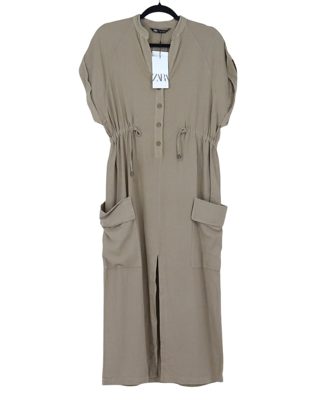 Zara Linen Blend Midi Dress Beige NWT Half Button Pullover Women's XS