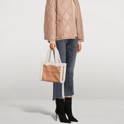 Stand Studio Lolita Tote Bag Faux Shearling Trimmed Beige and White