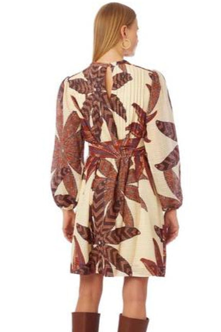 MARIE OLIVER Catie Mini Dress Anise Print Pleated Long Sleeve Women's S