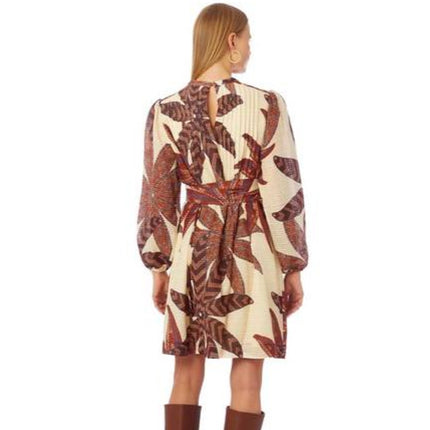MARIE OLIVER Catie Mini Dress Anise Print Pleated Long Sleeve Women's S