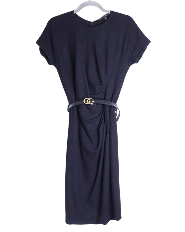GUCCI Wool Surplice GG Belted Sheath Dress Black Short Sleeve Women's M