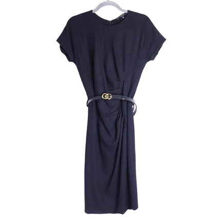 GUCCI Wool Surplice GG Belted Sheath Dress Black Short Sleeve Women's M