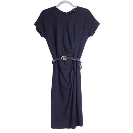 GUCCI Wool Surplice GG Belted Sheath Dress Black Short Sleeve Women's M