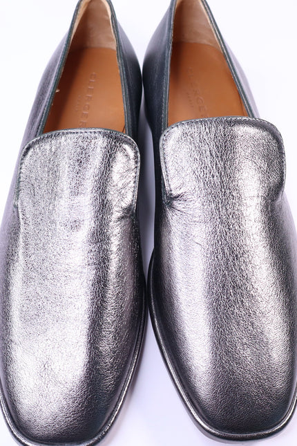CLERGERIE Olympia Leather Smoking Loafers Pewter Metallic Flats Women's 39.5