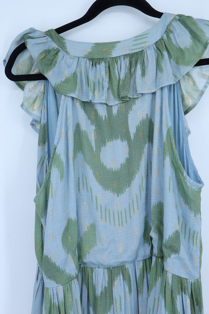 OLIPHANT Ruffle V-Neck Maxi Dress Chitka Blue Green Printed Sleeveless Women's L