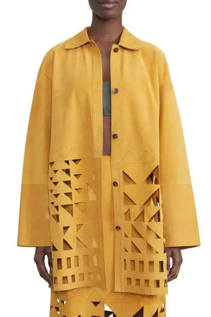 LAFAYETTE 148 NEW Clyde Laser Cut Suede Jacket Spiced Honey Yellow Women's XL