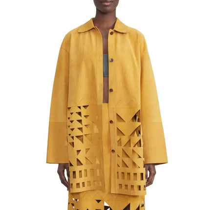 LAFAYETTE 148 Clyde Laser Cut Suede Jacket NWT Spiced Honey Yellow Women's XL