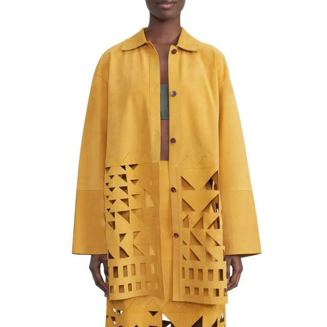 LAFAYETTE 148 Clyde Laser Cut Suede Jacket NWT Spiced Honey Yellow Women's XL