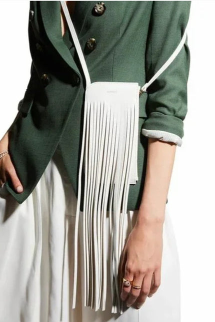 REE PROJECTS Do Fringe Leather Neck Pouch White Leather Crossbody Sling Bag