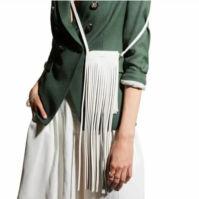 REE PROJECTS Do Fringe Leather Neck Pouch White Leather Crossbody Sling Bag