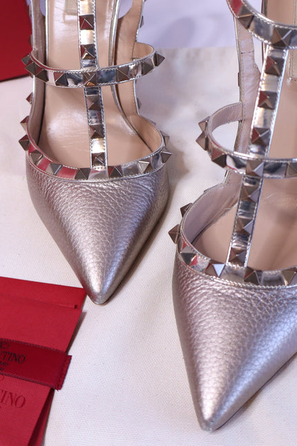 VALENTINO GARAVANI Rockstud Metallic Pumps Iron Ankle Strap Women's 41.5/US 11.5