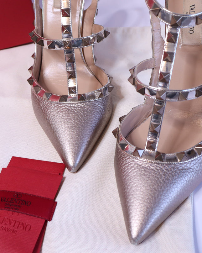 VALENTINO GARAVANI Rockstud Metallic Pumps Iron Ankle Strap Women's 41.5/US 11.5