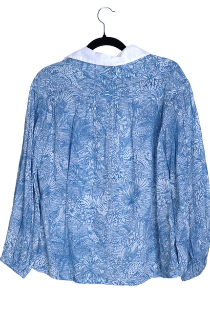 MISS JUNE Mona Button Up Blouse Blue Printed Cotton Short Sleeve Women's S/M