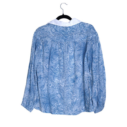 MISS JUNE Mona Button Up Blouse Blue Printed Cotton Short Sleeve Women's S/M